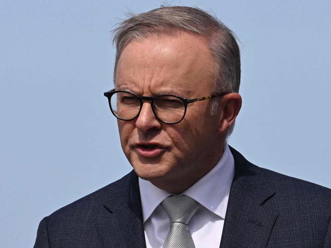 Australian Prime Minister Anthony Albanese speaks during a press conference alongside US President Joe Biden and British Prime Minister Rishi Sunak (not pictured) during the AUKUS summit on March 13, 2023, at Naval Base Point Loma in San Diego California. - AUKUS is a trilateral security pact announced on September 15, 2021, for the Indo-Pacific region. (Photo by Jim WATSON / AFP)