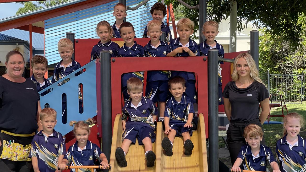 Victory College Preps 2024. (Back from left): Huxley Barke, Archie Shaw, (Middle, from left) Levi Cox, Hunter Smit, Kaidance Robson, Theo Dotta, Jack Bambling, Rafael Figueiredo, Indianna Andreassen, (front from left) Taj Mick, Eliza Goodman, Cody Brayton, Henry Brown, Oliver Dailly, Layla Leddy Teachers: (left) Cathy Cody, (right Teacher Aide) Cherise Kern. Gympie My First Year 2024.