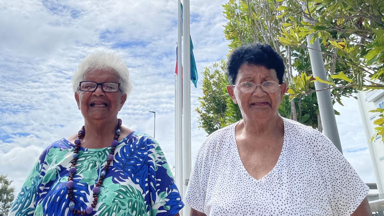 Eunice and Carmel Armstrong raised the South Sea Islander Flag at Mackay Hospital in a ceremony to recognise the valuable contribution of the Australian South Sea Islander community. Photo: Fergus Gregg