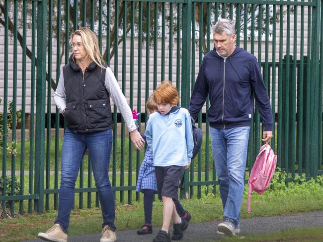 David Gyngell and Leila McKinnon on the school run with their children Gwendolen and Ted this week. Picture: Media Mode