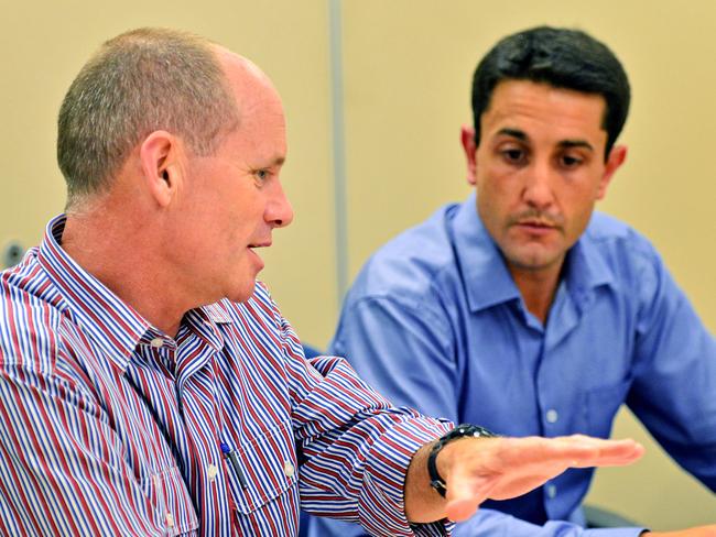 Queensland Premier Campbell Newman, and MP David Crisafulli, talk about the local disaster management in preparation for landfall of Tropical Cyclone Dylan near Townsville, Queensland. Pictures: Wesley Monts