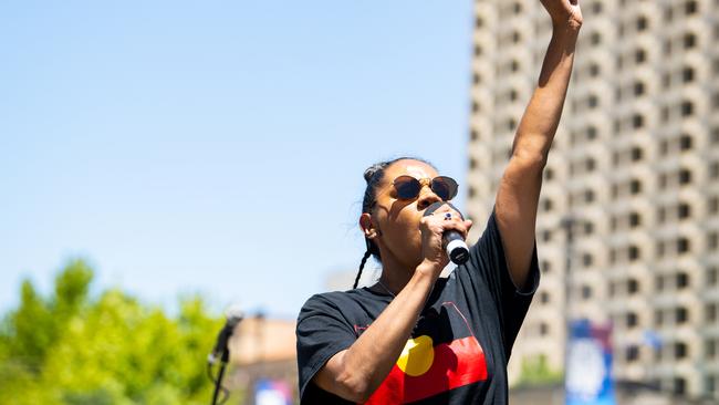 Kaurna Yarta: Survival Day march organiser Natasha Wanganeen at Tarntanyangga/Victoria Square. Picture: NCA NewsWire/Morgan Sette