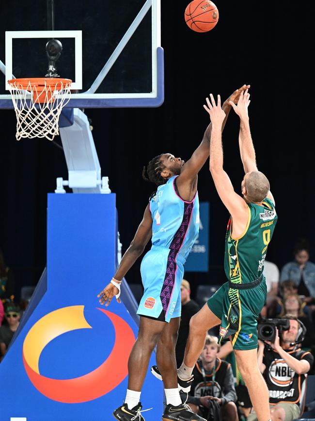 Jarrell Brantley of the Breakers blocks the shot of Jack McVeigh of the JackJumpers during a round 7 NBL match at Launceston’s Silverdome on November 18, 2022. Picture: Steve Bell/Getty Images