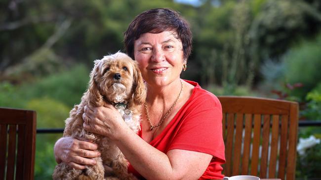 Cancer survivor Julie McCrossin with her dog, Bruno. Picture: Russell Millard