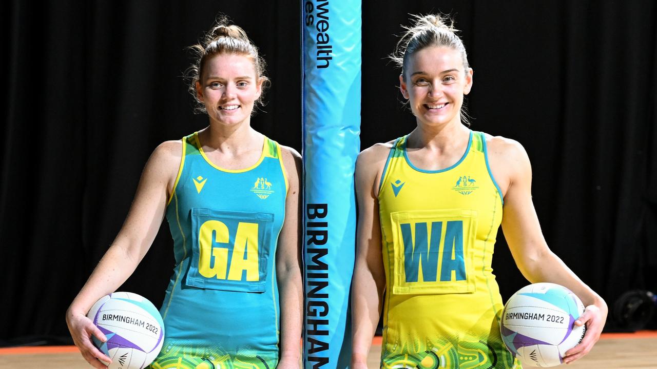 Diamonds vice-captain Steph Wood and captain Liz Watson show off their uniform for the Commonwealth Games 2022. Picture: Sue McKay