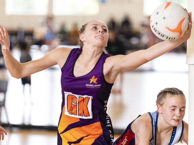 Samaya Cook for Sunshine Coast against Darling Downs in Queensland School Sport 13-15 Years Girls Netball Championships at The Clive Berghofer Sports Centre, The Glennie School, Friday, May 6, 2022. Picture: Kevin Farmer