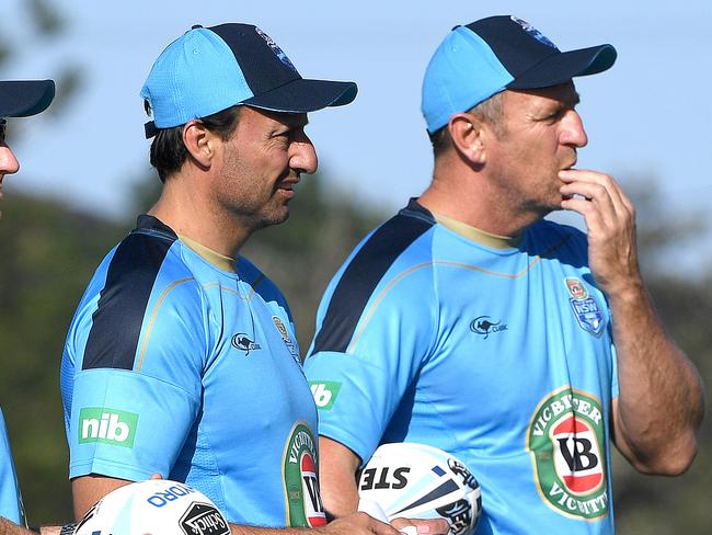 Coach Laurie Daley (centre) and assistant coach John Cartwright (right) look on during the New South Wales State of Origin team training session at Cudgen in far north-eastern New South Wales, Wednesday, May 24, 2017. (AAP Image/Dave Hunt) NO ARCHIVING