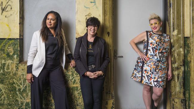 Christine Anu, AWMA founder Vicki Gordon and Katie Noonan. Picture: Glenn Hunt