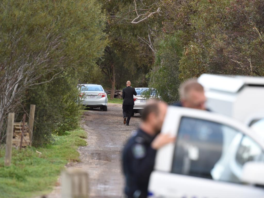 Police at the house in Hillier, in Adelaide’s north, on the day the three bodies were found. Picture: Sam Wundke