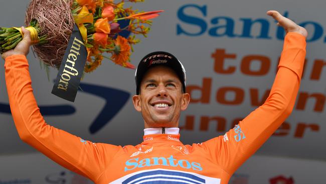 PARACOMBE, AUSTRALIA - JANUARY 23: Podium / Richie Porte of Australia and Team Trek-Segafredo Orange Leader Jersey / Celebration / during the 22nd Santos Tour Down Under 2020, Stage 3 a 131km stage from Unley to Paracombe 416m / TDU / @tourdownunder / #UCIWT / on January 23, 2020 in Paracombe, Australia. (Photo by Tim de Waele/Getty Images)