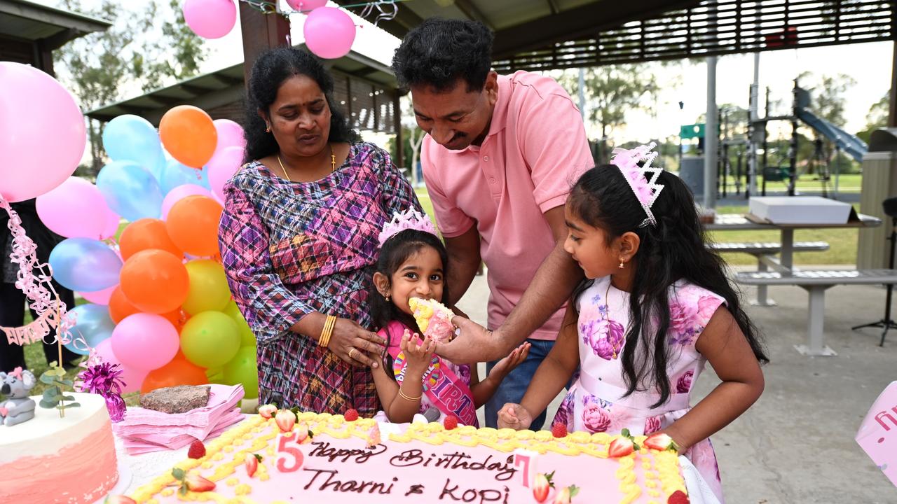 Tharnicaa Nadesalingam celebrates her fifth birthday with her parents Priya and Nades and her sister Kopika in Biloela. Picture: Dan Peled/Getty Images