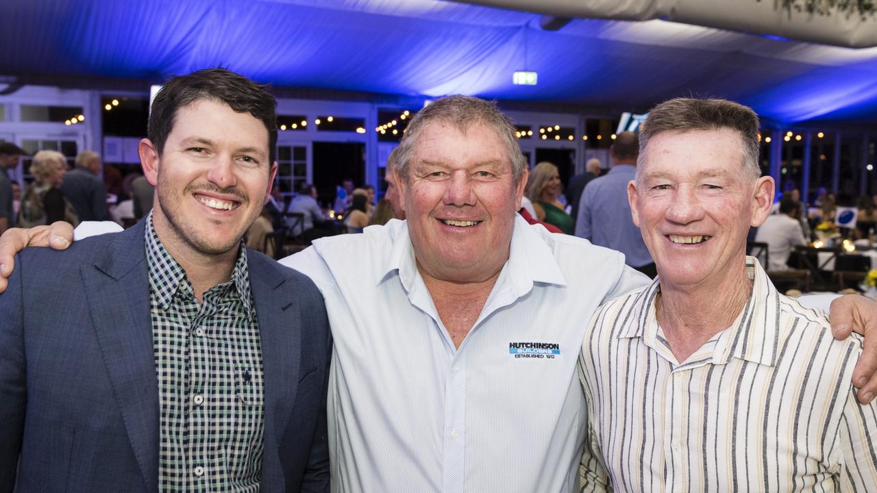 Representing Hutchinson Builders are (from left) Jake Sutton, Geoff Kampf and Barry Davidson at the TRL awards night at Clifford Park Racecourse, Friday, September 8, 2023. Picture: Kevin Farmer