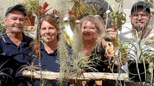 Glenn and Katrina Kime, Glenda Thompson and Jamie Shaw prepare for the Bromeliad Group's first sale in Rockhampton. Picture: Jann Houley