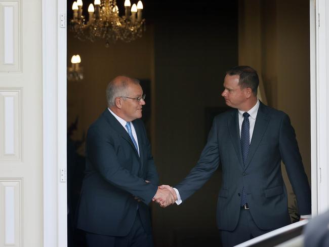 Prime Minister Scott Morrison with the Governor-Genera; s official secretary Paul Singer at Government House in Canberra. Picture: NCA NewsWire / Gary Ramage