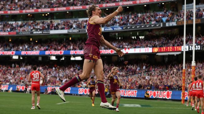 Joe Daniher of the Lions celebrates after scoring a goal during the AFL Grand Final match between Sydney Swans and Brisbane Lions at Melbourne Cricket Ground, on September 28, 2024, in Melbourne, Australia. (Photo by Robert Cianflone/AFL Photos via Getty Images)