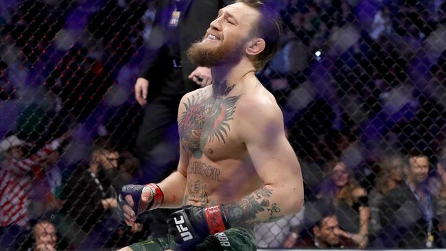 LAS VEGAS, NEVADA - JANUARY 18:  Conor McGregor celebrates his first round TKO victory against Donald Cerrone in a welterweight bout during UFC246 at T-Mobile Arena on January 18, 2020 in Las Vegas, Nevada.  (Photo by Steve Marcus/Getty Images)