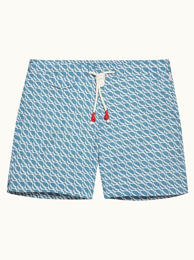 Orlebar Brown Wish Blue Orbit Mid-Length Drawcord Swim Shorts, $445.