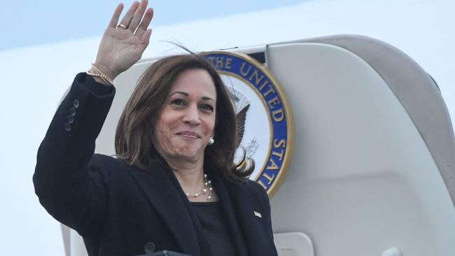 US Vice President Kamala Harris waves as she boards Air Force Two prior to departure from Bucharest. While her performance as vice president has been mixed at best, she has never blamed it on jet lag. Picture: Saul Loeb/AFP