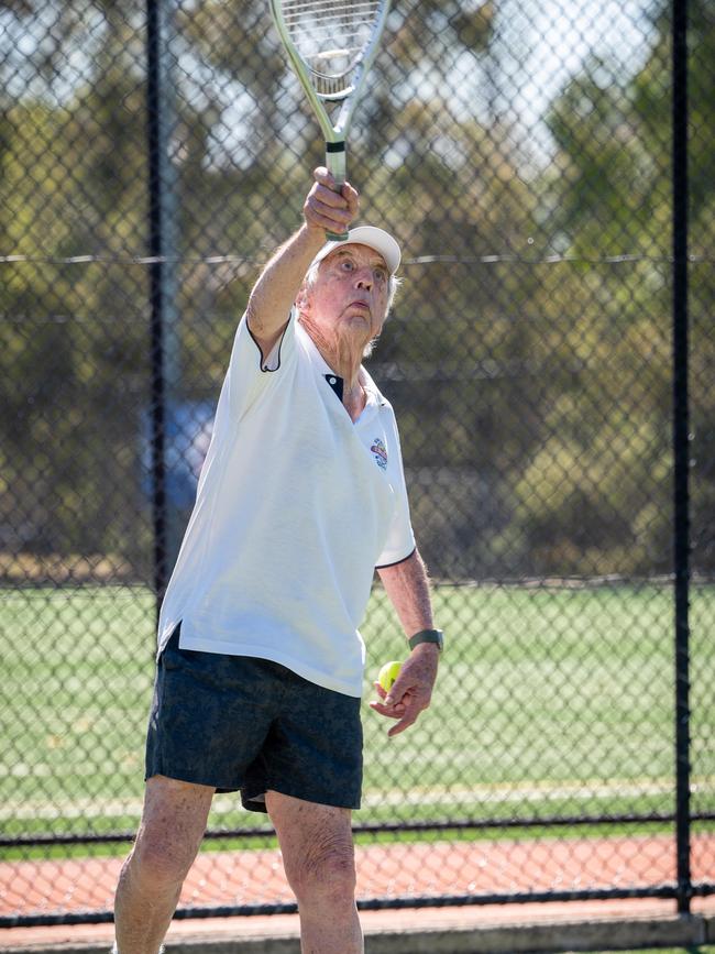 Henry Young celebrated his 100th birthday by playing tennis. Picture: Naomi Jellicoe
