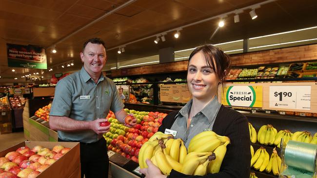 Woolworths workers Mathew McDonald and Danielle Matheou. Picture: Ian Currie