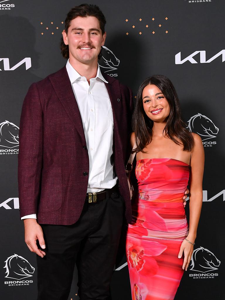 Fletcher Baker and Amy Doust at the Broncos’ 2025 season launch at The Star Brisbane. Picture: John Gass