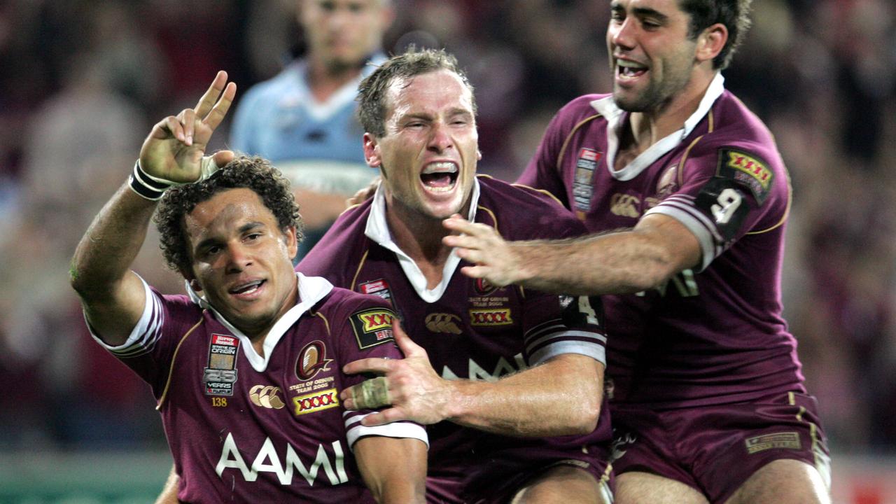 25/5/05 State of Origin Suncorp Stadium. Winning try scorer Matt Bowen with Paul Bowman and Cameron Smith. Extra time. PicGlennBarnes