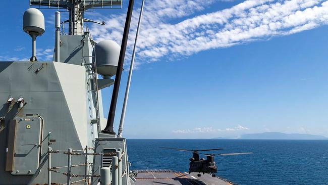 Republic of Singapore Air Force CH-47 Chinook Helicopter landing onboard HMAS Adelaide during Exercise Sea Wader 2020 off the coast of Townsville, Queensland. Picture: Defence Dept