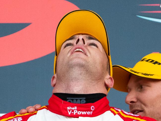 BATHURST, AUSTRALIA - OCTOBER 13: Scott McLaughlin driver of the #17 Shell V-Power Racing Team Ford Mustang and Alex Premat driver of the #17 Shell V-Power Racing Team Ford Mustang celebrate after winning the Bathurst 1000 on October 13, 2019 in Bathurst, Australia. (Photo by Daniel Kalisz/Getty Images)