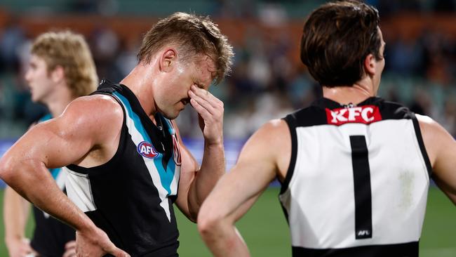 ADELAIDE, AUSTRALIA - SEPTEMBER 05: Ollie Wines of the Power looks dejected after a loss during the 2024 AFL Second Qualifying Final match between the Port Adelaide Power and the Geelong Cats at Adelaide Oval on September 05, 2024 in Adelaide, Australia. (Photo by Michael Willson/AFL Photos via Getty Images)