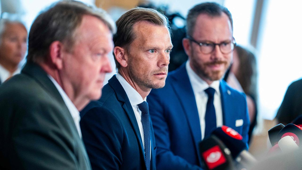 Denmark's Minister of Foreign Affairs Lars Loekke Rasmussen, Minister of Justice Peter Hummelgaard and Deputy Prime Minister Jakob Ellemann-Jensen present a bill on a Koran burning ban on August 25, 2023 in Copenhagen. Picture: AFP