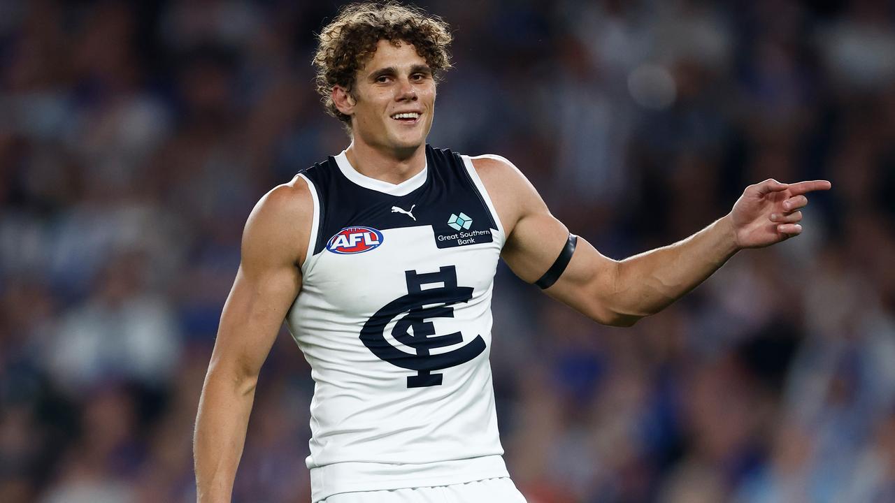 MELBOURNE, AUSTRALIA - MARCH 29: Charlie Curnow of the Blues celebrates a goal during the 2024 AFL Round 03 match between the North Melbourne Kangaroos and the Carlton Blues at Marvel Stadium on March 29, 2024 in Melbourne, Australia. (Photo by Michael Willson/AFL Photos via Getty Images)