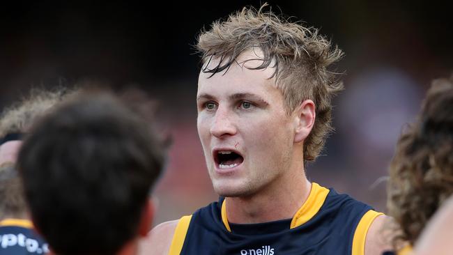 Jordan Dawson of the Crows addresses the players during the Crows’ loss to Richmond. (Photo by Sarah Reed/AFL Photos via Getty Images)