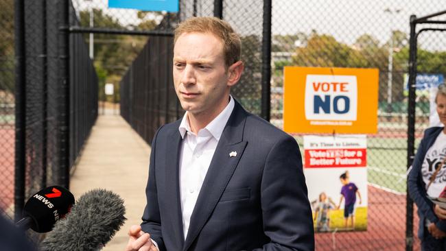 South Australian Opposition Leader David Speirs speaking to media following his vote on the referendum at Kauri Community &amp; Sports Centre polling place. Picture: NCA NewsWire / Morgan Sette