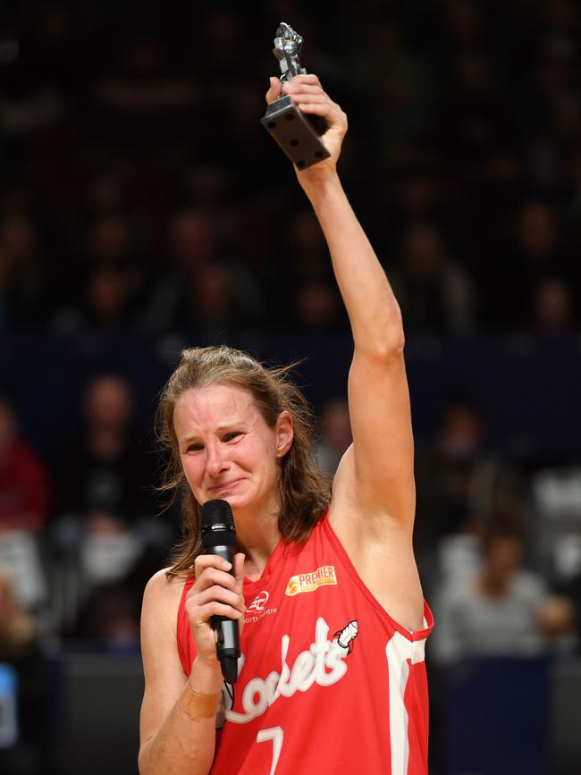 An emotional Jo Hill after winning the Premier League women’s grand final and game MVP with her beloved North Adelaide in her swan song. Picture: AAP/Mark Brake