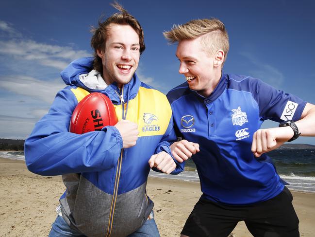 Tasmanian AFL draftees Mitch O'Neill, 18 who was picked by West Coast and Matt McGuinness, 19 who was picked by North Melbourne. Picture: Zak Simmonds