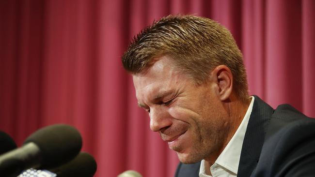 An emotional David Warner during a press conference soon after the 2018 ball tampering incident in South Africa. Picture: Getty Images