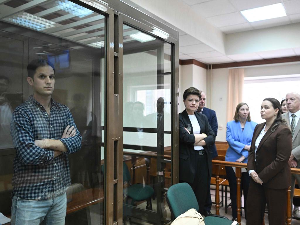 US journalist Evan Gershkovich stands inside a defendants' cage before a hearing to consider an appeal on his arrest at the Moscow City Court on April 18, 2023. Picture: Natalia Kolesnikova/AFP