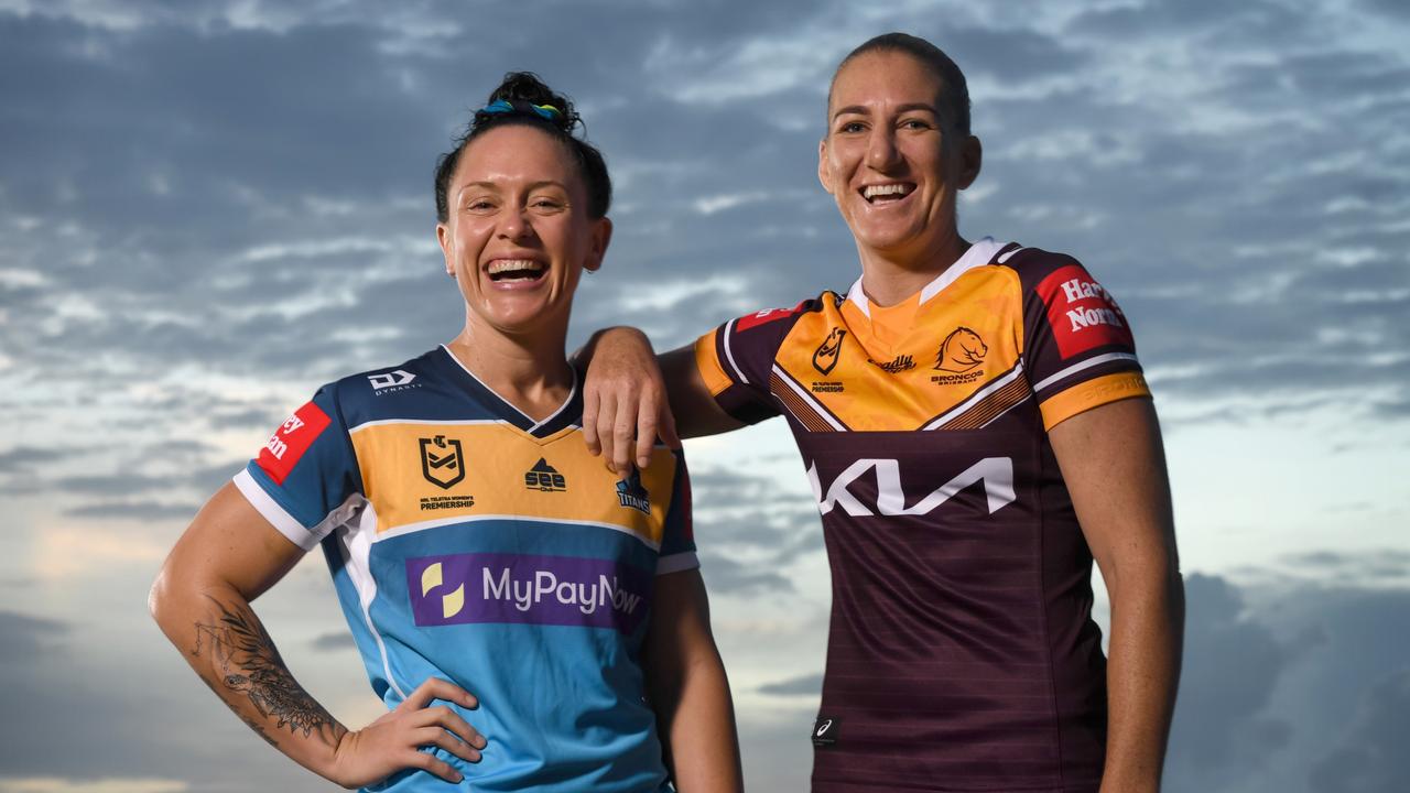 Titans co-captain Brittany Breayley-Nati and Broncos skipper Ali Brigginshaw. Picture: Grant Trouville