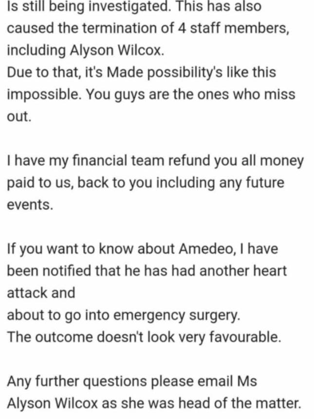 A message to Emma Louise claiming that Mazzini had “another heart attack” and “the response doesn’t look very favourable”. Picture: Supplied