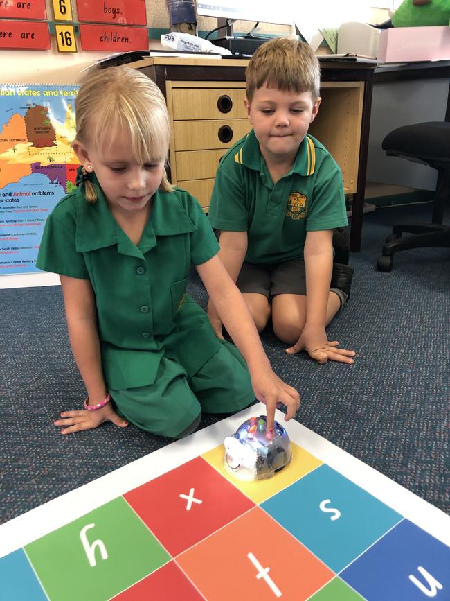 Westlawn Public School students use blue-bots to develop their skills in coding.