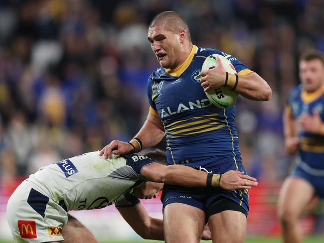 SYDNEY, AUSTRALIA - MAY 26: Wiremu Greig of the Eels is tackled during the round 13 NRL match between Parramatta Eels and North Queensland Cowboys at CommBank Stadium on May 26, 2023 in Sydney, Australia. (Photo by Mark Metcalfe/Getty Images)