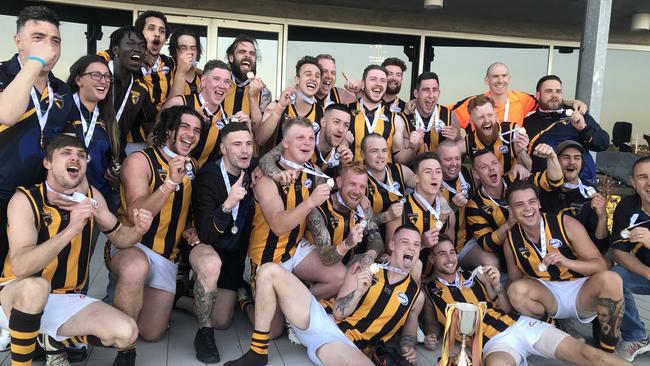 Glen Orden celebrates its Division 3 premiership triumph in 2019. Picture: Kristen Alebakis