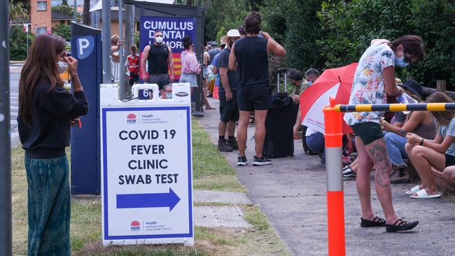 People queued for hours for Covid testing outside Lismore Base Hospital on Boxing Day, 2021.