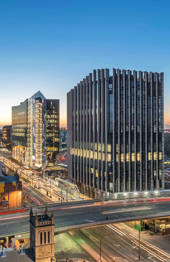 UniSA’s new cancer research centre and Adelaide Uni’s new medical school, on North Terrace. Picture supplied by University of Adelaide.