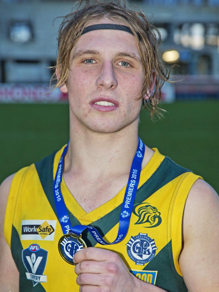 Leopold's Logan Wagener celebrates after the 2016 GFL grand final between St Mary's and Leopold. Picture: Nathan Dyer