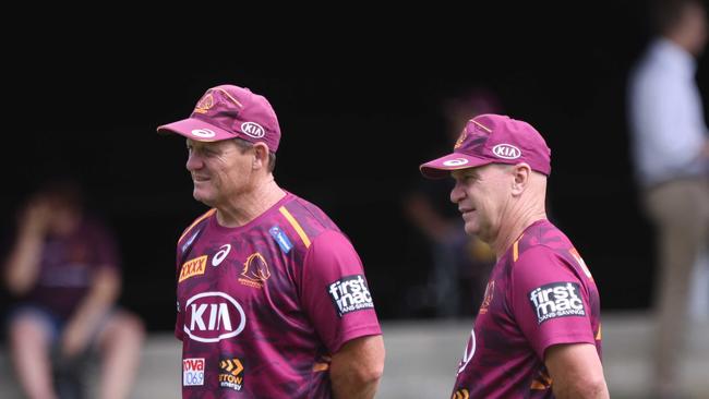 Kevin Walters and Allan Langer. The Brisbane Broncos training at Red Hill. Pic Peter Wallis