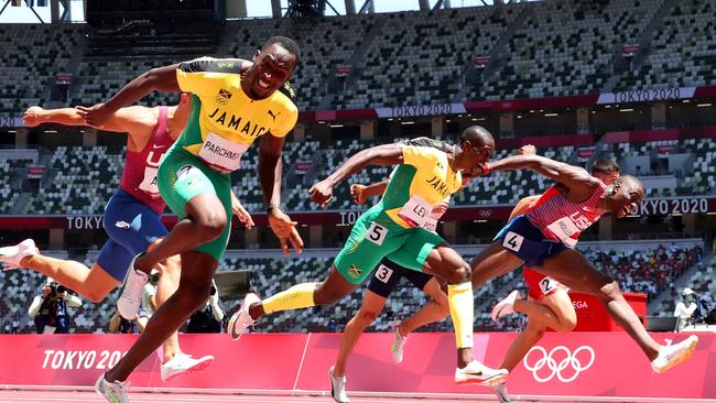 Hansel Parchment (left) of Team Jamaica finishes first ahead of Grant Holloway (right) of Team United States and Ronald Levy (centre) of Team Jamaica to win the gold medal. Picture: Matthias Hangst/Getty Images