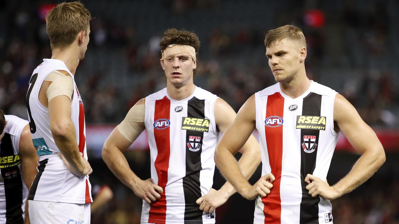 Mason Wood (right) has been given a lifeline at St Kilda – it’s time he grabbed it with both hands. Picture: Dylan Burns/AFL Photos via Getty Images