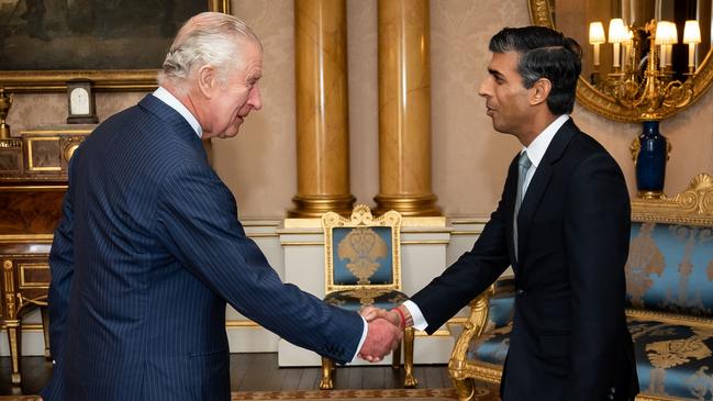 King Charles III welcomes Rishi Sunak during an audience at Buckingham Palace. Picture: Getty Images