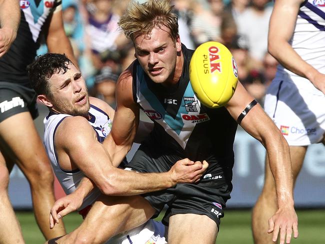 24/03/12 - AFL - Round 1 - Port Adelaide v Fremantle at Adelaide Oval. Jack Watts and Hayden Ballantyne. Picture Sarah Reed